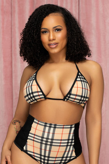 Parte superior de bikini triangular a cuadros color tostado